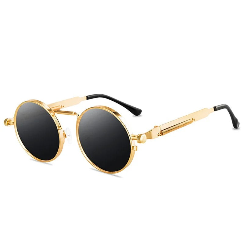 gold round frame and black lens techno sunglasses