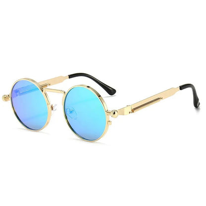 gold round frame and light blue lens techno sunglasses