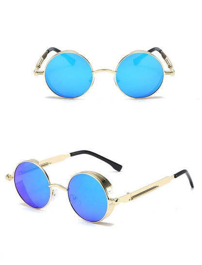 front view and side view of gold round frame with blue lens techno sunglasses