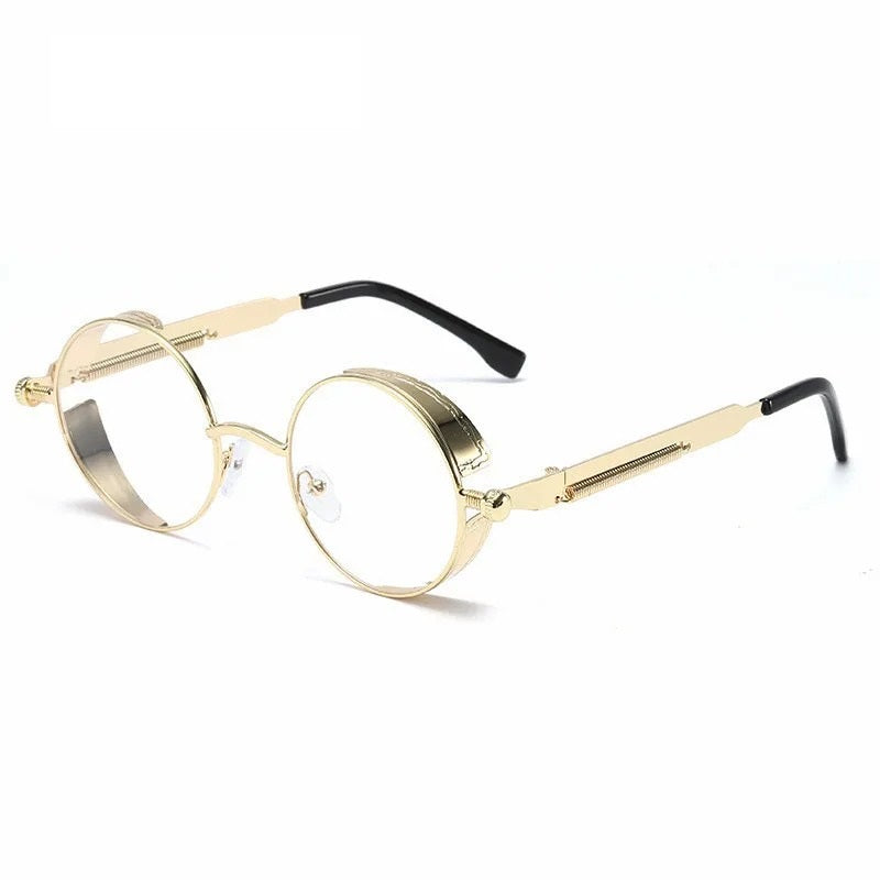 front view of gold round frame with clear lens techno sunglasses