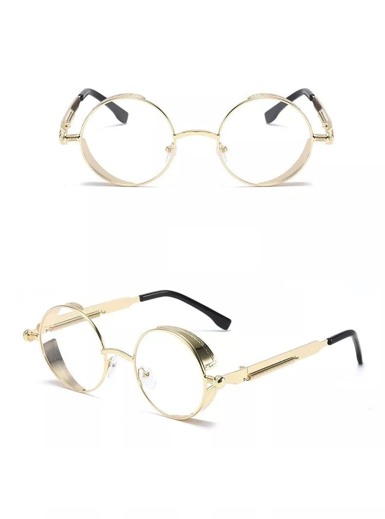 front view and side view of gold round frame with clear lens techno sunglasses