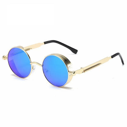 front view of gold round frame with blue lens techno sunglasses