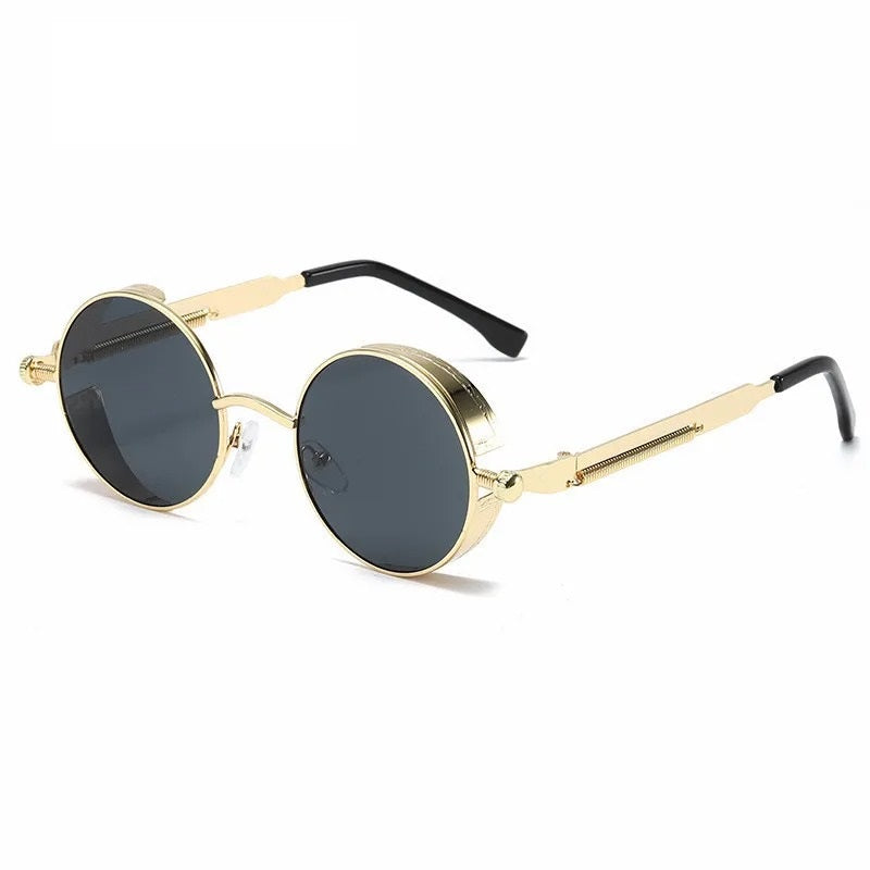 front view of gold round frame with black lens techno sunglasses