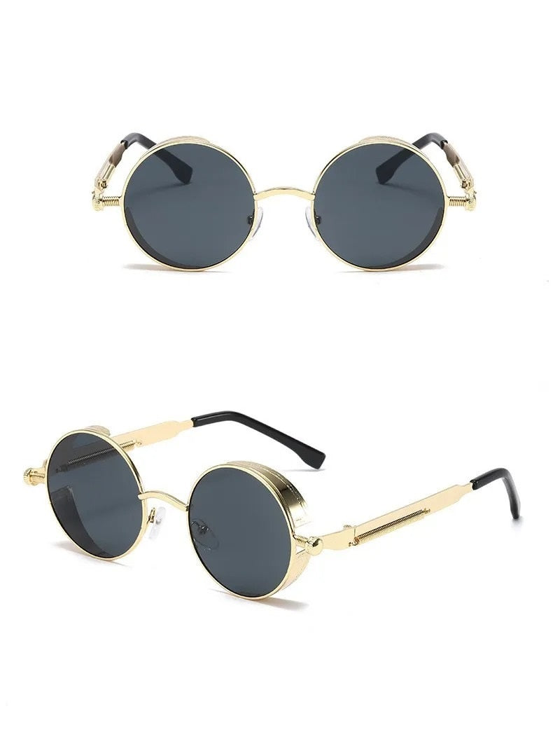 front view and side view of gold round frame with black lens techno sunglasses