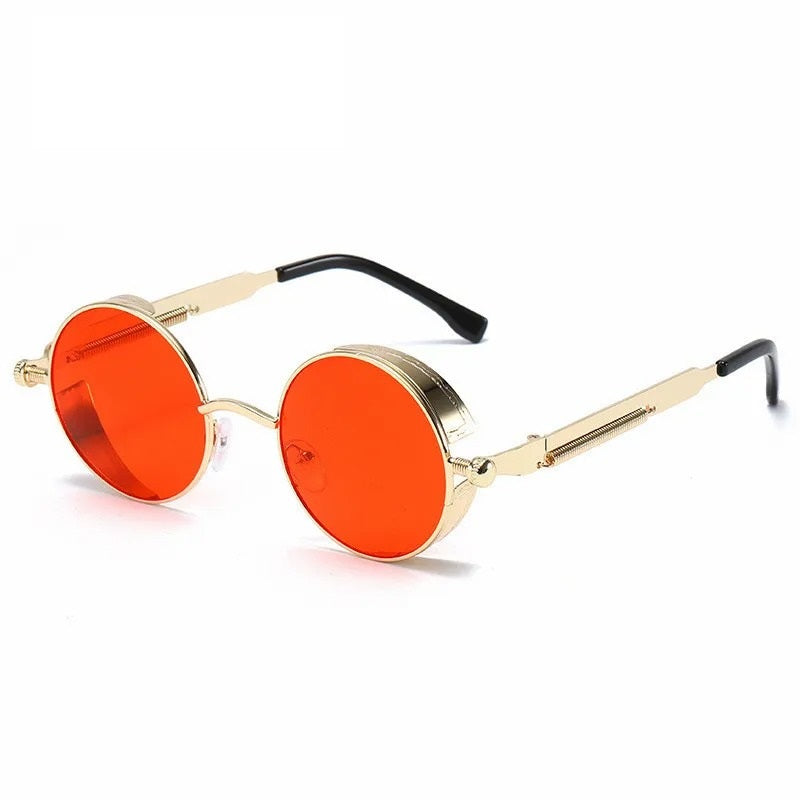 front view of gold round frame with red lens techno sunglasses