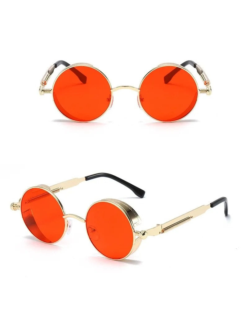 front view and side view of gold round frame with red lens techno sunglasses