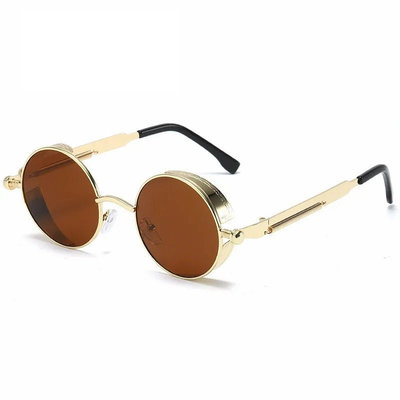 front view of gold round frame with brown lens techno sunglasses