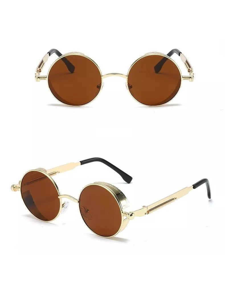 front view and side view of gold round frame with brown lens techno sunglasses