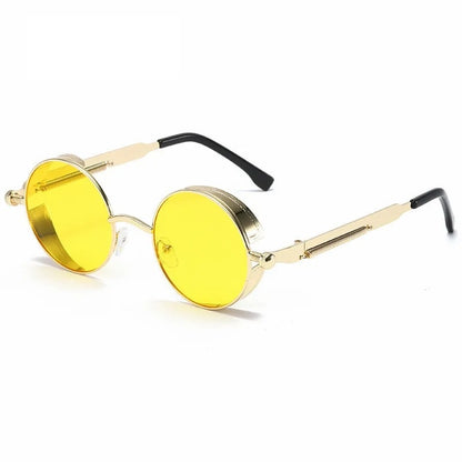 front view of gold round frame with yellow lens techno sunglasses