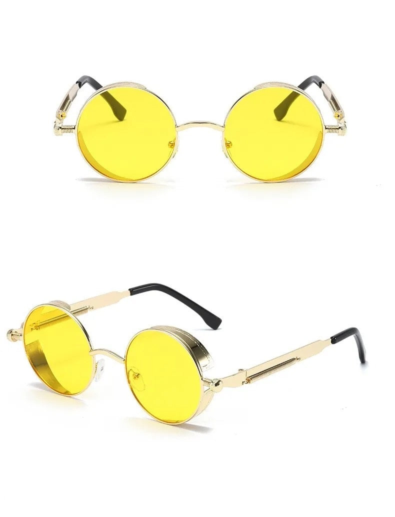 front view and side view of gold round frame with yellow lens techno sunglasses