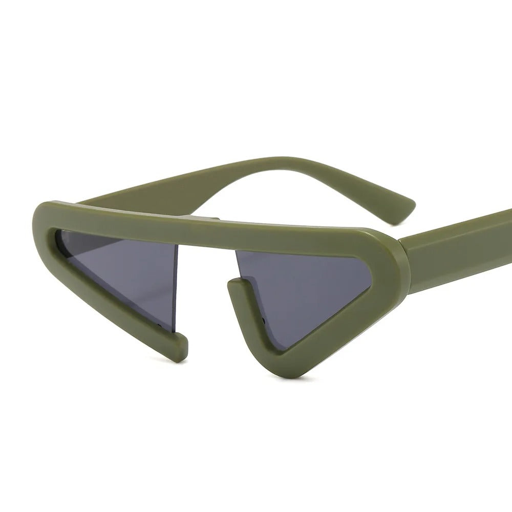 front view futuristic green cat eye frame shape sunglasses with grey lens techno rave sunglasses