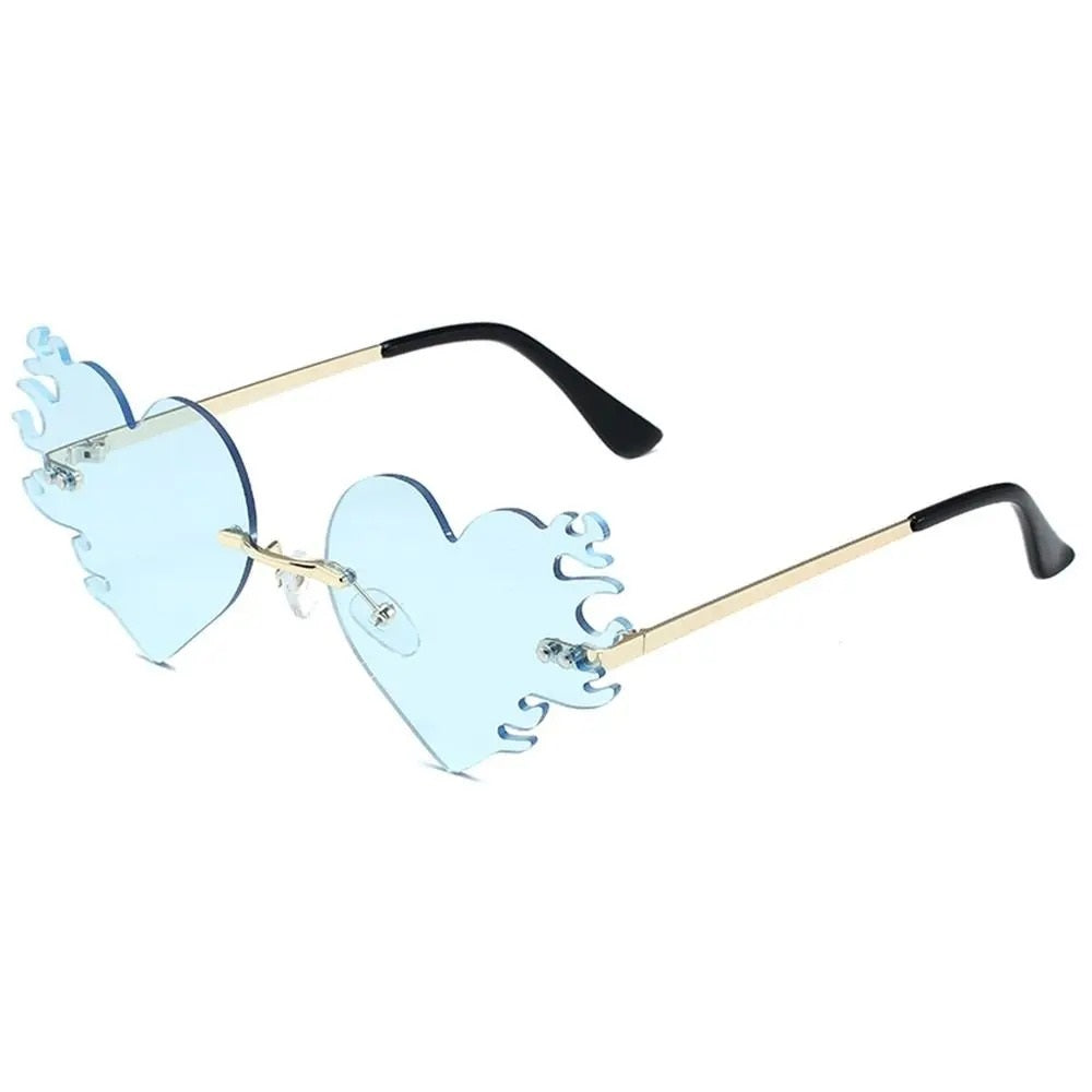 light blue flaming heart shape sunglasses frame for techno rave sunglasses