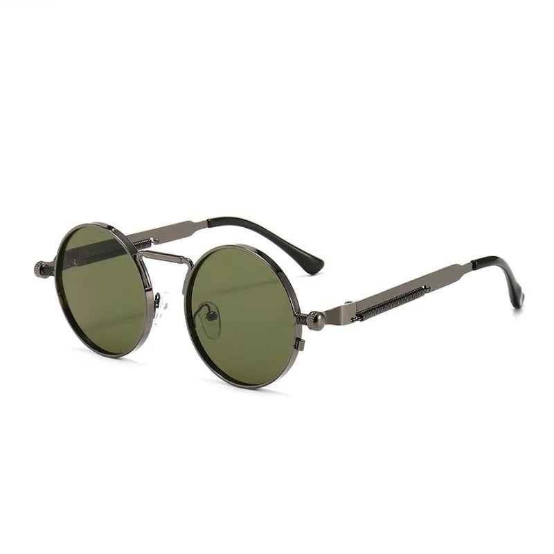 grey round frame and dark green lens techno sunglasses