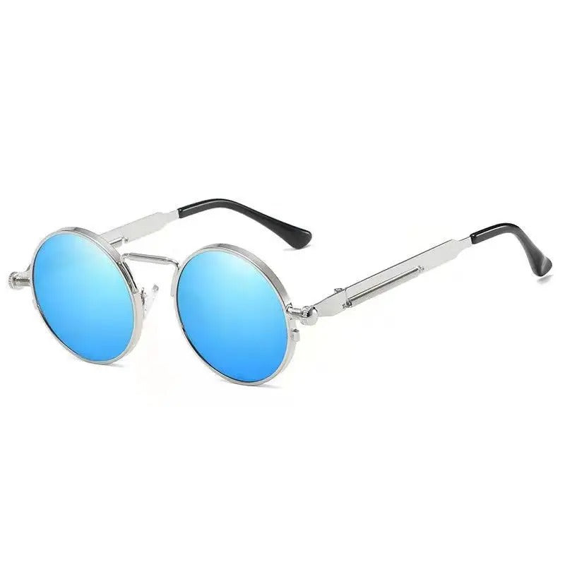 silver round frame and blue lens techno sunglasses