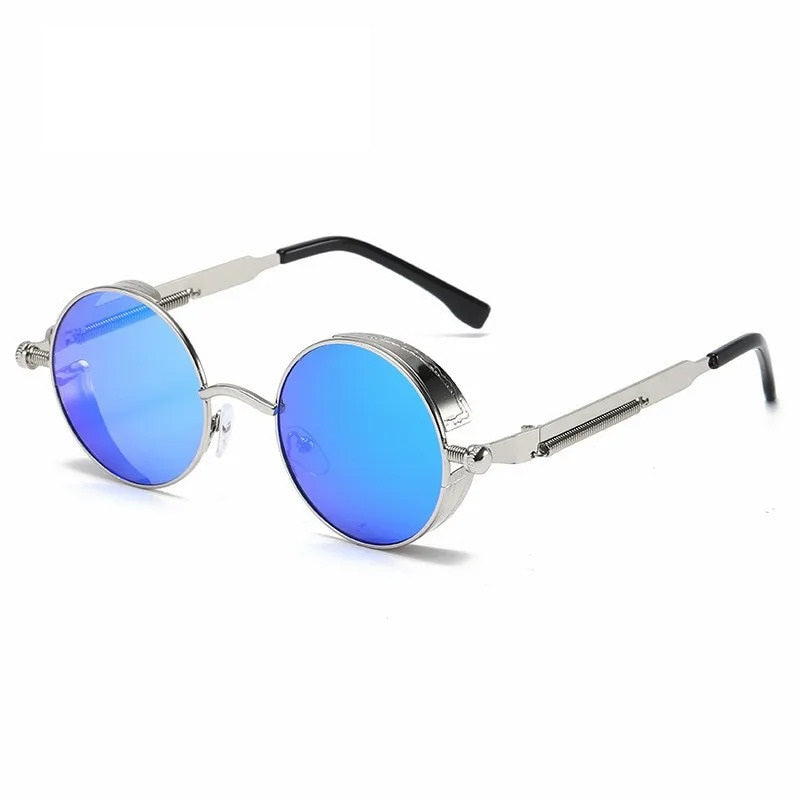 front view of silver round frame with blue lens techno sunglasses