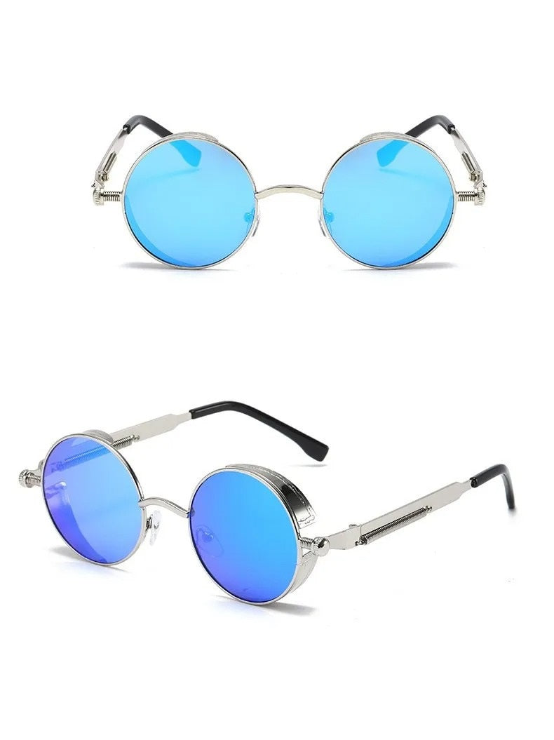 front view and side view of silver round frame with blue lens techno sunglasses