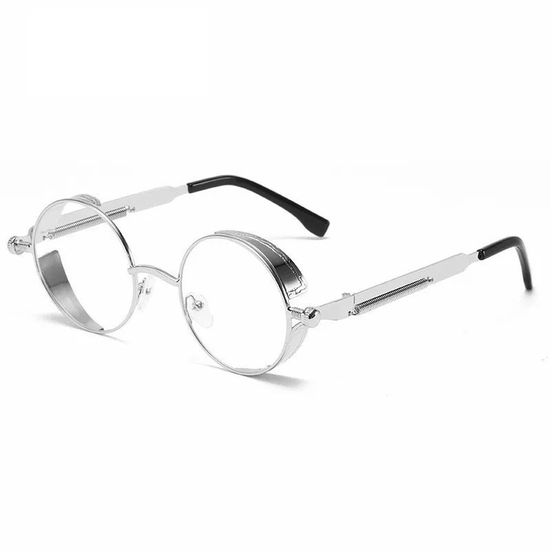 front view of silver round frame with clear lens techno sunglasses