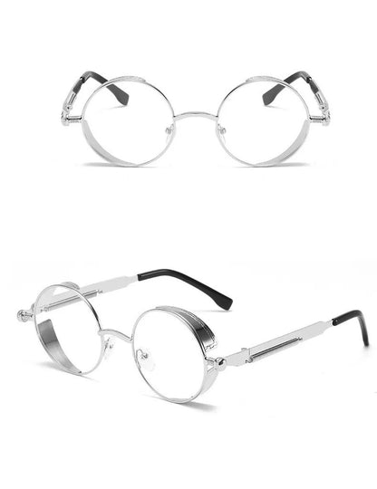 front view and side view of silver round frame with clear lens techno sunglasses