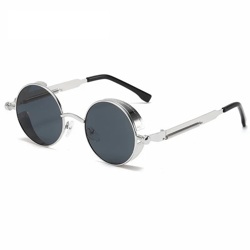 front view of silver round frame with black lens techno sunglasses