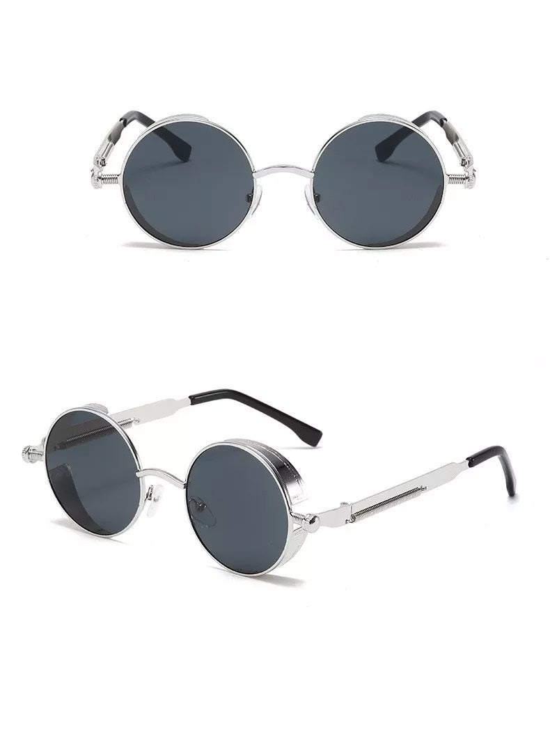 front view and side view of silver round frame with black lens techno sunglasses