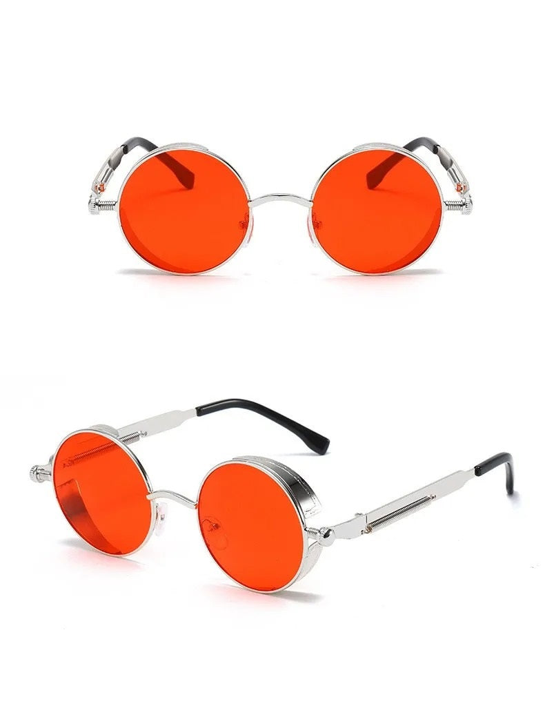 front and side view of silver round frame with red lens techno sunglasses