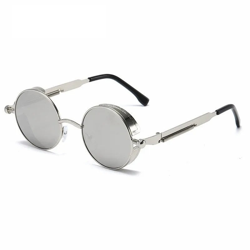 front view of silver round frame with grey lens techno sunglasses