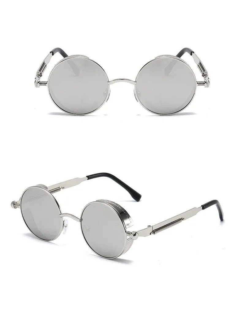 front view and side view of silver round frame with grey lens techno sunglasses