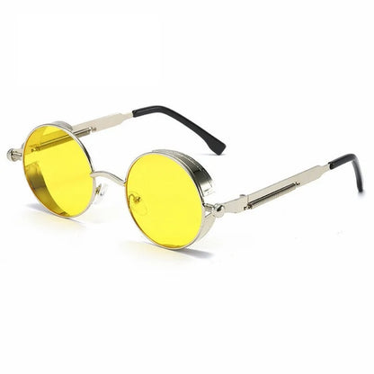 front view of silver round frame with yellow lens techno sunglasses