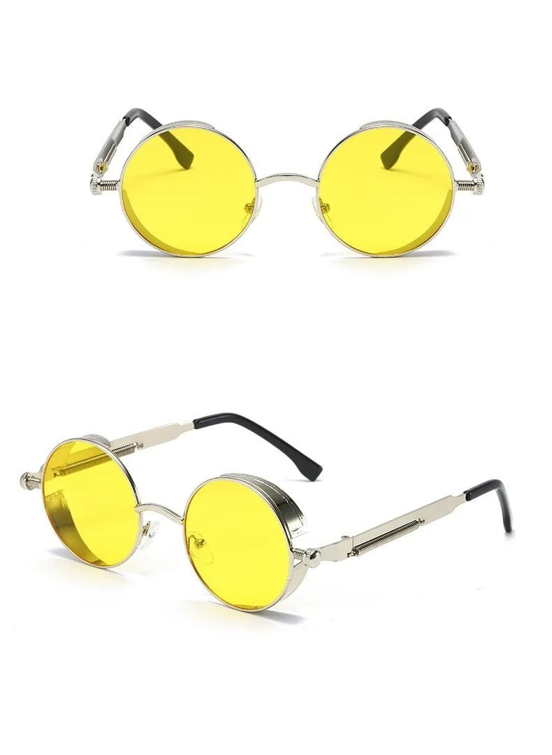 front and side view of silver round frame with yellow lens techno sunglasses