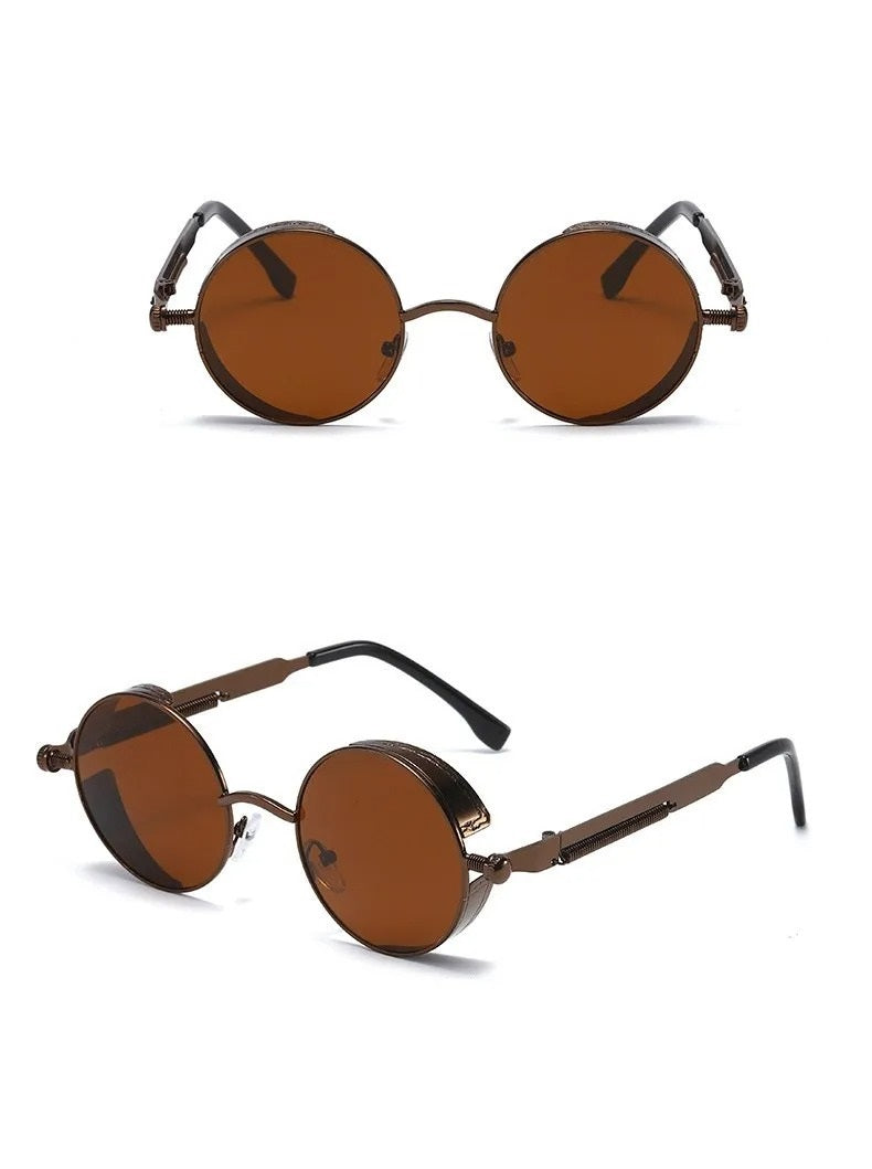 front view and side view of brown round frame with brown lens techno sunglasses