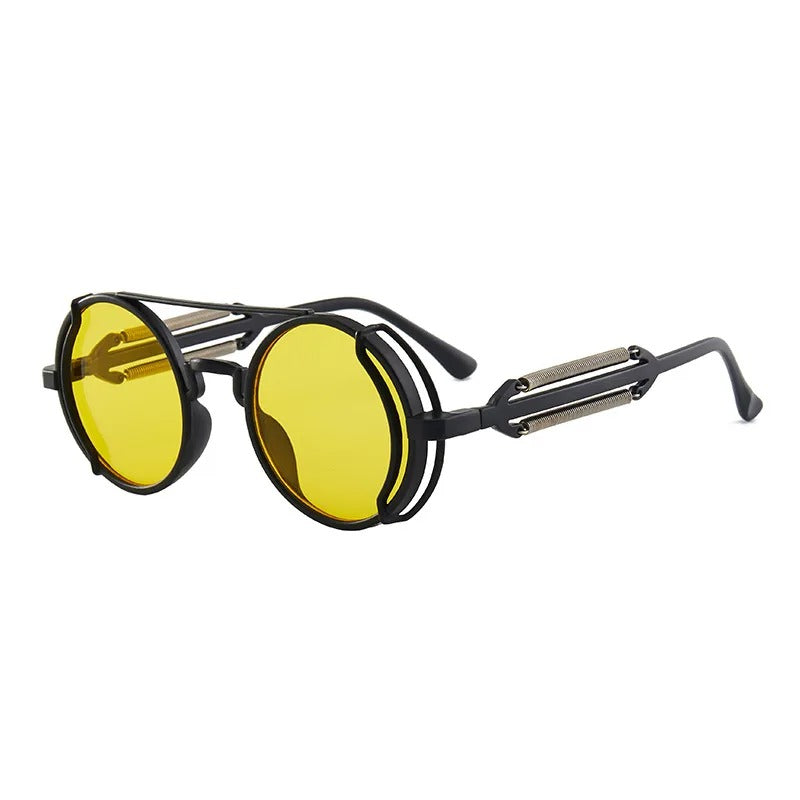 side view black round frame yellow lens techno rave sunglasses