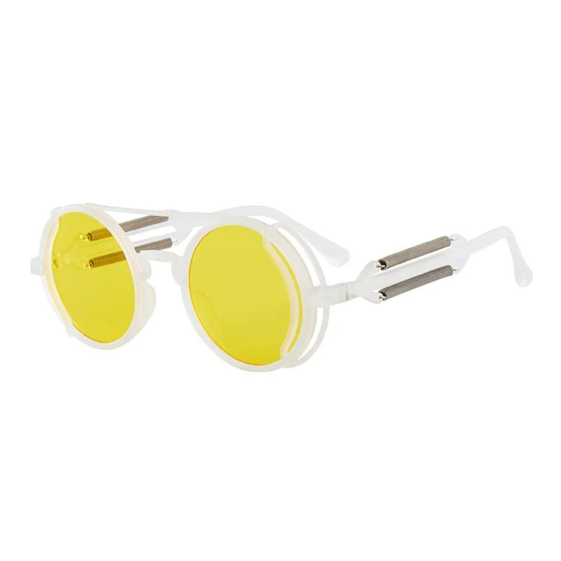 side view white round frame yellow lens techno rave sunglasses