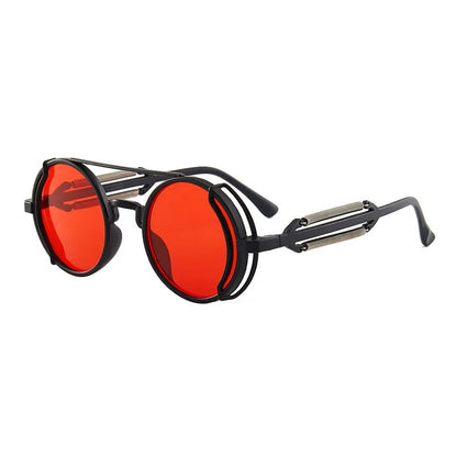 side view black round frame red lens techno rave sunglasses