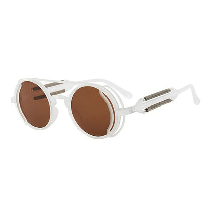 side view white round frame brown lens techno rave sunglasses