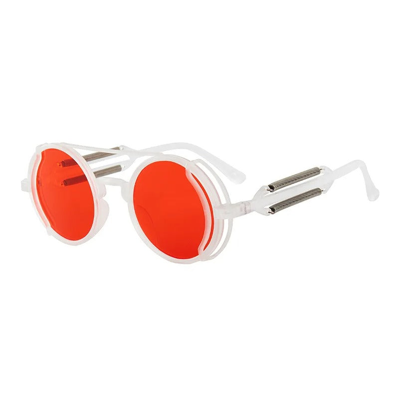 side view white round frame red lens techno rave sunglasses