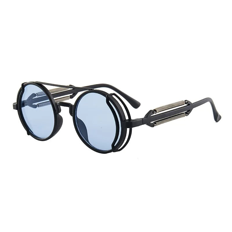 side view black round frame blue lens techno rave sunglasses