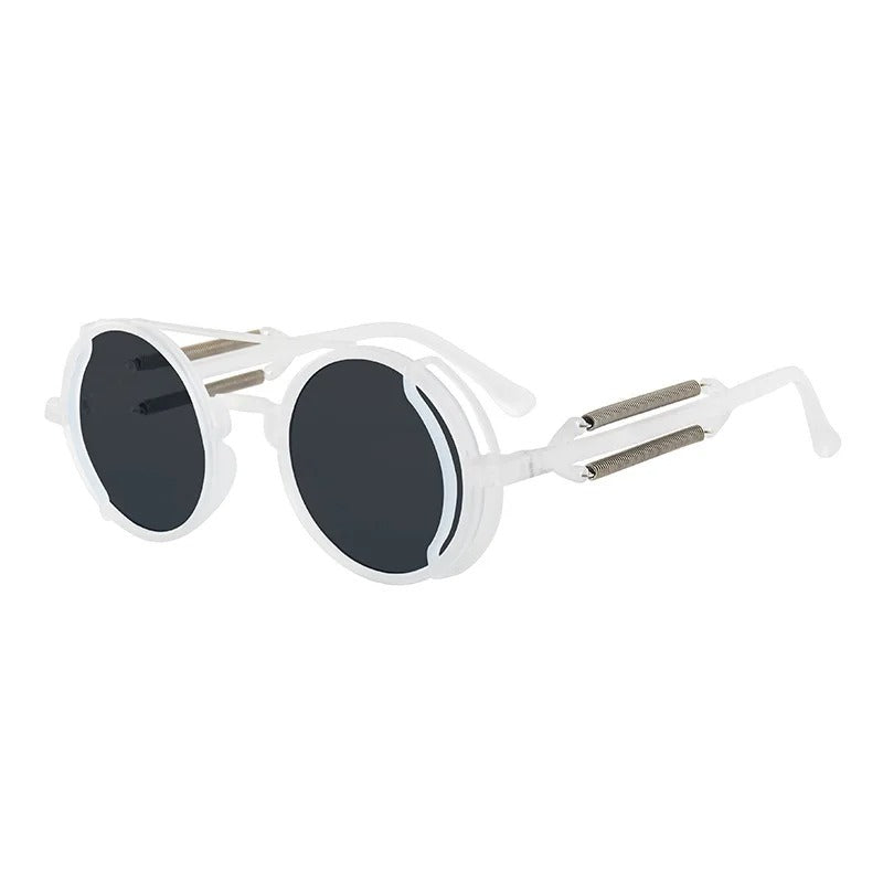 side view white round frame black lens techno rave sunglasses