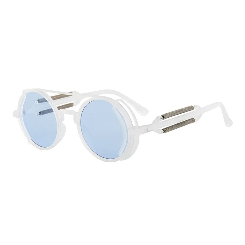 side view white round frame blue lens techno rave sunglasses