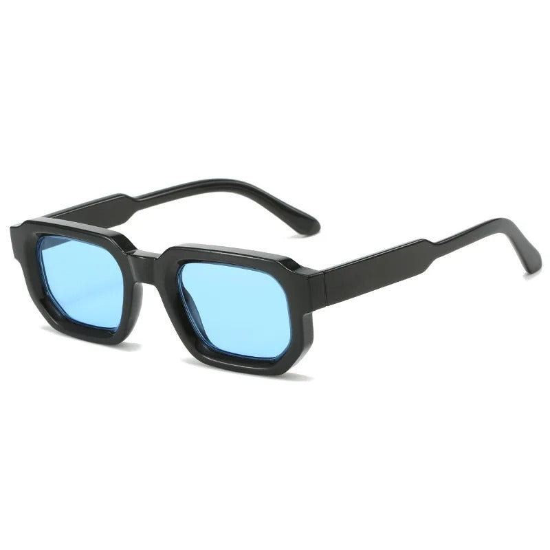 side view black rounded frame light blue lens techno festival sunglasses