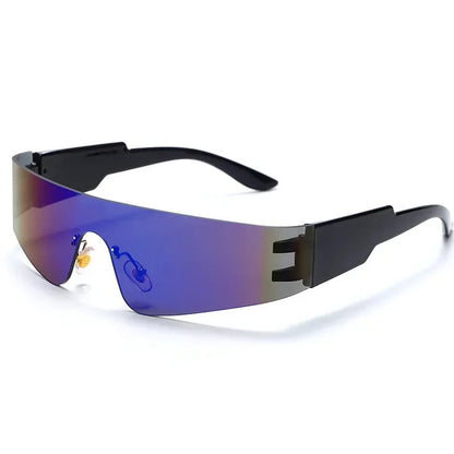 blue visor and black frame techno sunglasses