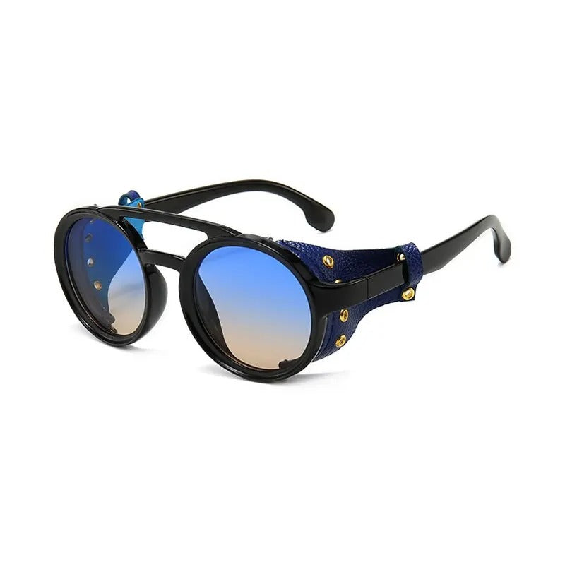 front view of black round sunglasses with graded blue lens for techno festival