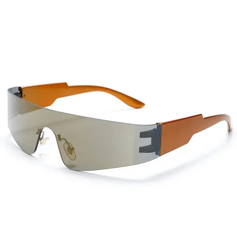 silver visor and orange frame techno sunglasses