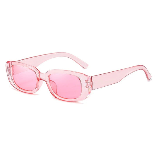 pink rectangular frame with pink lens techno festival sunglasses