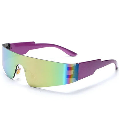 multicolor visor and purple frame techno sunglasses