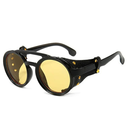 front view of black round sunglasses with yellow lens for techno festival