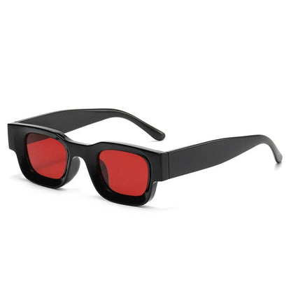 black rounded frame with red lens techno festival sunglasses