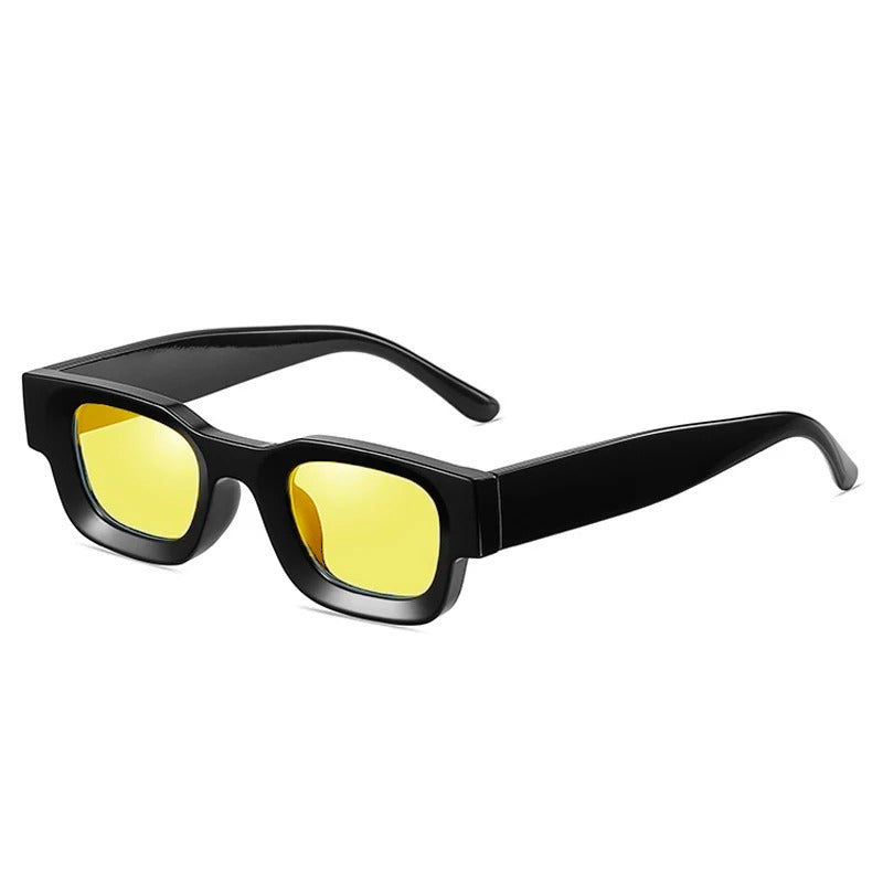 black rounded frame with yellow lens techno festival sunglasses