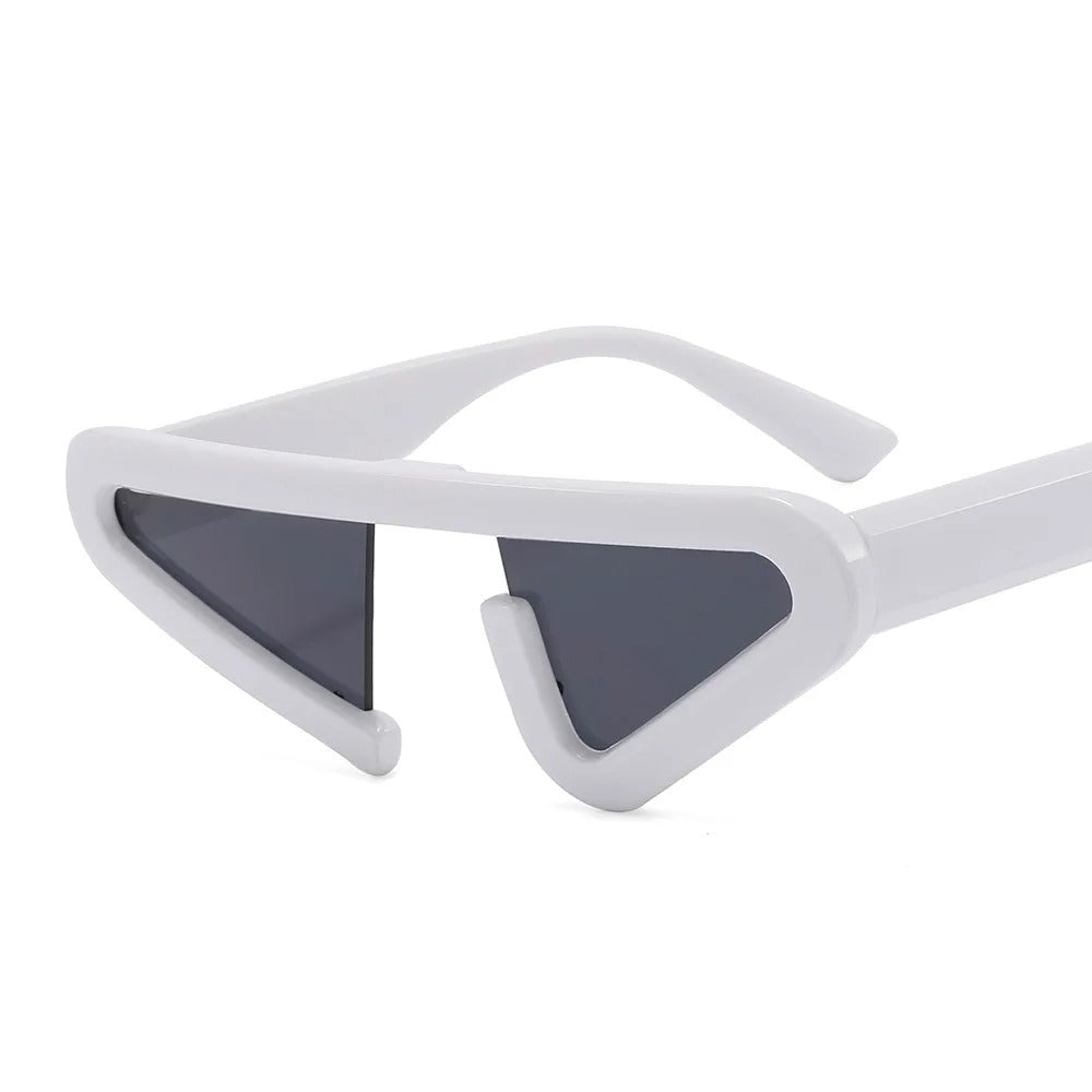 front view futuristic white cat eye frame shape sunglasses with grey lens techno rave sunglasses