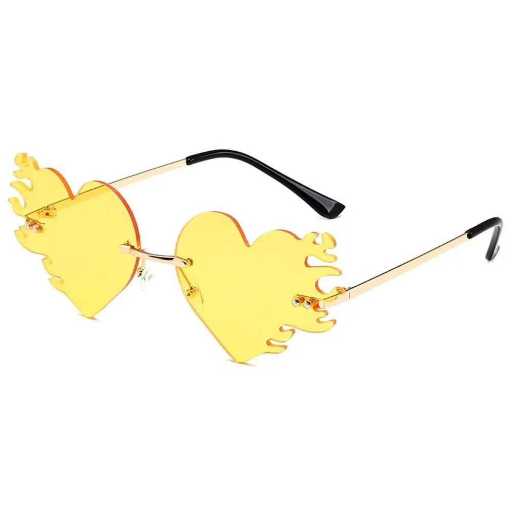 Yellow flaming heart shape sunglasses frame for techno rave sunglasses